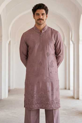 Shop_Amit Arora_Purple Chanderi Silk Embroidered Kurta And Pant Set _at_Aza_Fashions