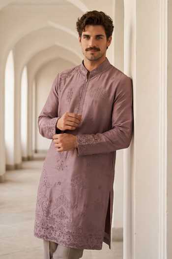Amit Arora_Purple Chanderi Silk Embroidered Kurta And Pant Set _Online_at_Aza_Fashions