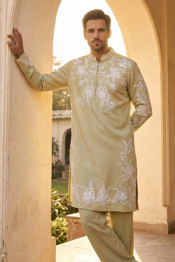 Shop_Amit Arora_Green Silk, Bamboo Embroidered Kurta And Pant Set _at_Aza_Fashions