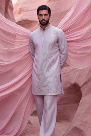 Shop_Amit Arora_Purple Knit Embroidered Kurta And Palazzo Set _at_Aza_Fashions