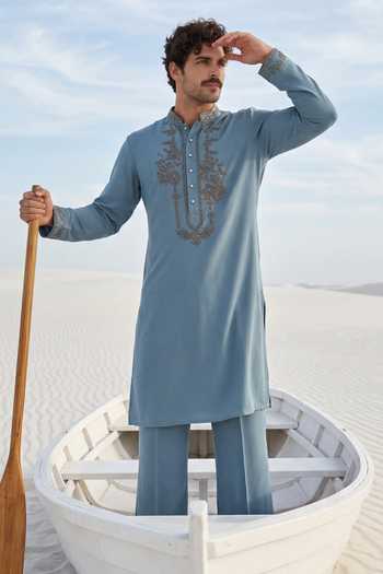 Buy_Amit Arora_Blue Knit Placket Embroidered Kurta And Palazzo Set _Online_at_Aza_Fashions