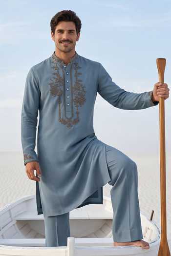 Shop_Amit Arora_Blue Knit Placket Embroidered Kurta And Palazzo Set _at_Aza_Fashions