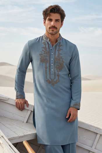 Shop_Amit Arora_Blue Knit Placket Embroidered Kurta And Palazzo Set _Online_at_Aza_Fashions