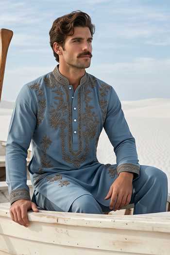 Amit Arora_Blue Knit Placket Embroidered Kurta And Palazzo Set _at_Aza_Fashions