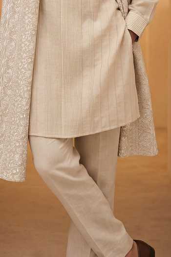 Amit Arora_Beige Linen Pintuck Kurta Set _Online_at_Aza_Fashions