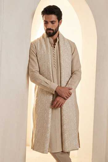 Shop_Amit Arora_Beige Linen Pintuck Kurta Set _Online_at_Aza_Fashions