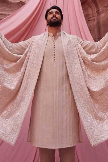 Shop_Amit Arora_Beige Linen Pintuck Kurta Set _at_Aza_Fashions