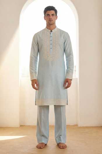 Buy_Amit Arora_Sky Blue Chanderi Silk Kurta And Pant Set _at_Aza_Fashions