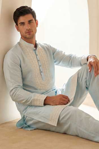 Buy_Amit Arora_Sky Blue Chanderi Silk Kurta And Pant Set _Online_at_Aza_Fashions