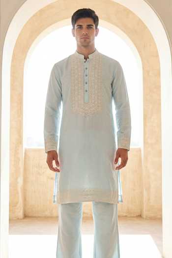 Shop_Amit Arora_Sky Blue Chanderi Silk Kurta And Pant Set _at_Aza_Fashions