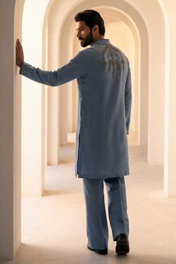 Shop_Amit Arora_Blue Chanderi Silk Kurta And Pant Set _at_Aza_Fashions