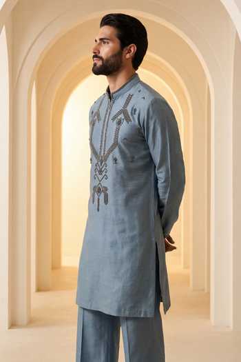 Amit Arora_Blue Chanderi Silk Kurta And Pant Set _Online_at_Aza_Fashions