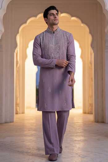Buy_Amit Arora_Purple Knit Embroidered Kurta And Palazzo Set _at_Aza_Fashions