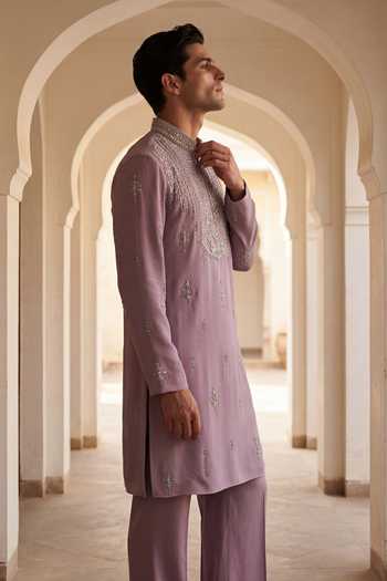 Buy_Amit Arora_Purple Knit Embroidered Kurta And Palazzo Set _Online_at_Aza_Fashions