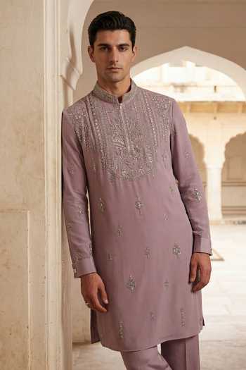 Shop_Amit Arora_Purple Knit Embroidered Kurta And Palazzo Set _at_Aza_Fashions