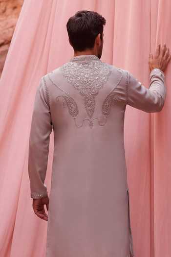 Shop_Amit Arora_Beige Knit Embroidered Kurta Set _at_Aza_Fashions