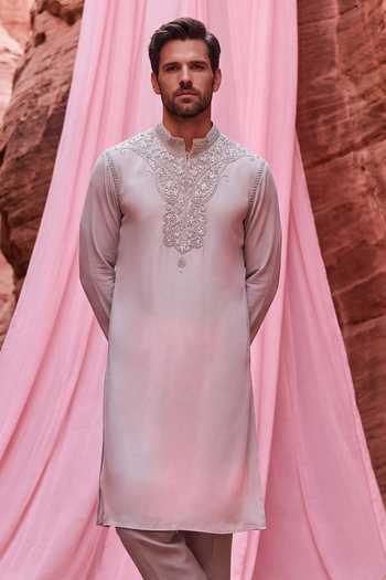 Buy_Amit Arora_Beige Knit Embroidered Kurta Set _Online_at_Aza_Fashions
