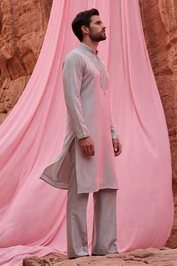 Shop_Amit Arora_Beige Knit Embroidered Kurta Set _Online_at_Aza_Fashions