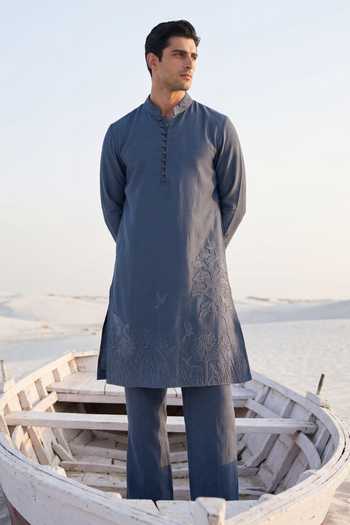 Shop_Amit Arora_Blue Chanderi Silk Placement Embroidered Kurta Set _at_Aza_Fashions