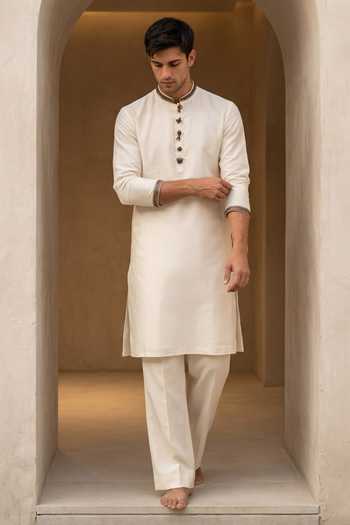 Buy_Amit Arora_Cream Chanderi Silk Kurta And Pant Set _at_Aza_Fashions