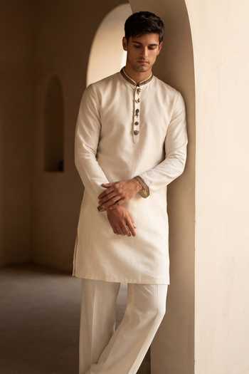 Amit Arora_Cream Chanderi Silk Kurta And Pant Set _Online_at_Aza_Fashions