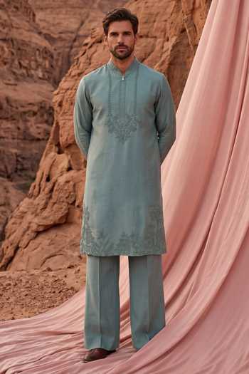 Buy_Amit Arora_Green Chanderi Silk Embroidered Kurta And Pant Set _at_Aza_Fashions