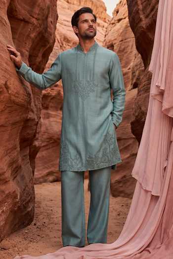 Shop_Amit Arora_Green Chanderi Silk Embroidered Kurta And Pant Set _at_Aza_Fashions