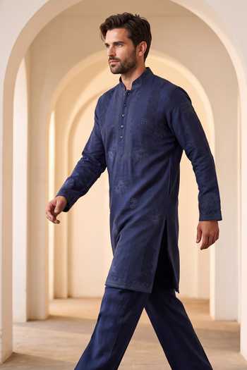 Amit Arora_Blue Silk, Bamboo Embroidered Kurta Set _Online_at_Aza_Fashions