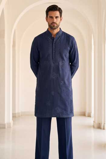 Shop_Amit Arora_Blue Silk, Bamboo Embroidered Kurta Set _at_Aza_Fashions
