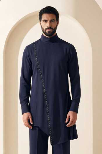 Shop_Amit Arora_Blue Knit Asymmetric Kurta Set _Online_at_Aza_Fashions