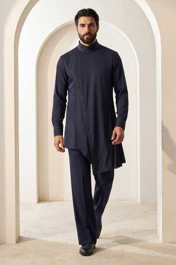 Shop_Amit Arora_Blue Knit Asymmetric Kurta Set _at_Aza_Fashions