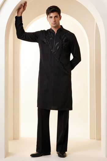 Buy_Amit Arora_Black Knit Embroidered Kurta And Palazzo Set _Online_at_Aza_Fashions