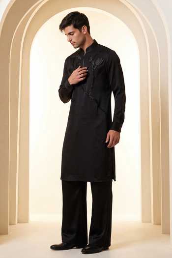 Shop_Amit Arora_Black Knit Embroidered Kurta And Palazzo Set _at_Aza_Fashions