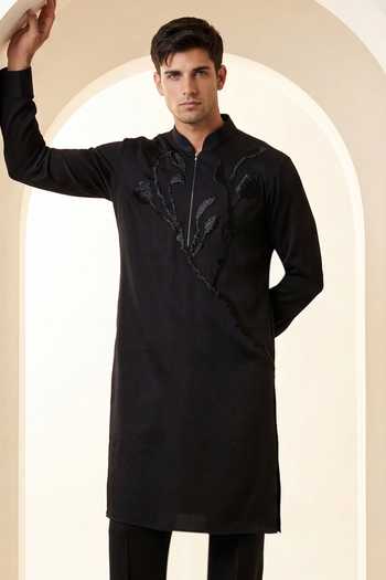 Shop_Amit Arora_Black Knit Embroidered Kurta And Palazzo Set _Online_at_Aza_Fashions