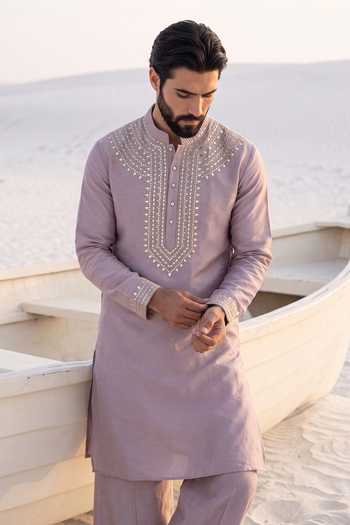 Shop_Amit Arora_Purple Chanderi Silk Kurta And Palazzo Set _at_Aza_Fashions
