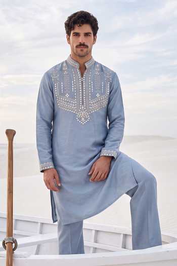 Amit Arora_Blue Chanderi Silk Embroidered Kurta And Palazzo Set _Online_at_Aza_Fashions