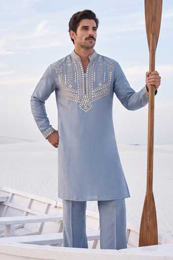 Shop_Amit Arora_Blue Chanderi Silk Embroidered Kurta And Palazzo Set _at_Aza_Fashions