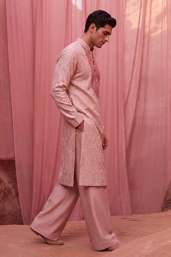 Shop_Amit Arora_Pink Chanderi Silk Kurta And Pant Set _at_Aza_Fashions