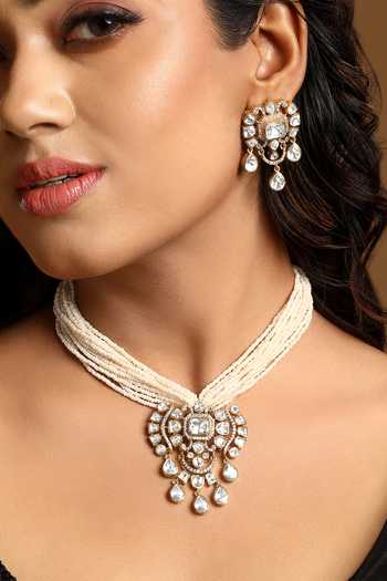 Shop_Hrisha_Gold Plated Cubic Zirconia Embellished Pendant Necklace Set _Online_at_Aza_Fashions
