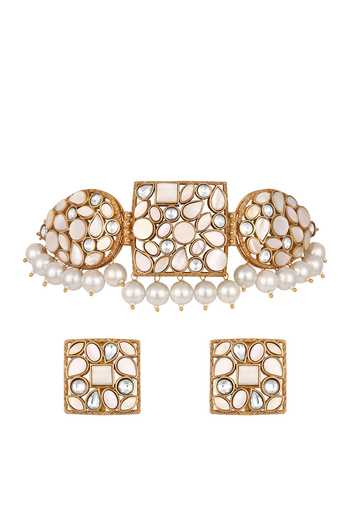 Shop_Hrisha_White Mother Of Pearl Embellished Choker Set _at_Aza_Fashions