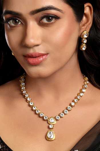 Shop_Hrisha_Gold Plated Kundan Polki Embellished Pendant Necklace Set _Online_at_Aza_Fashions