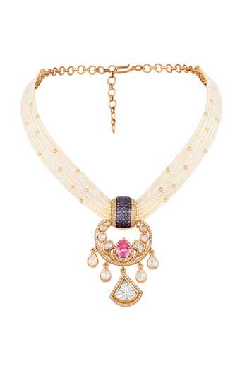 Hrisha_Gold Plated Moissanite Polki Embellished Pendant Necklace Set _Online_at_Aza_Fashions