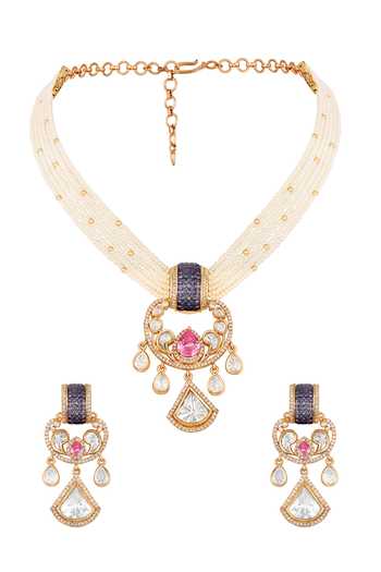 Shop_Hrisha_Gold Plated Moissanite Polki Embellished Pendant Necklace Set _at_Aza_Fashions
