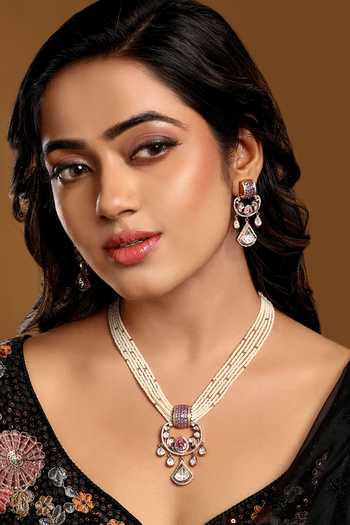 Buy_Hrisha_Gold Plated Moissanite Polki Embellished Pendant Necklace Set _at_Aza_Fashions