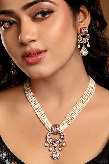 Shop_Hrisha_Gold Plated Moissanite Polki Embellished Pendant Necklace Set _Online_at_Aza_Fashions