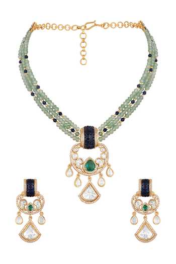 Shop_Hrisha_Blue Cubic Zirconia Studded Pendant Necklace Set _at_Aza_Fashions