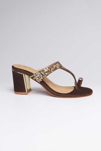 Nidhi Bhandari_Brown Sequin Work Block Heels _Online_at_Aza_Fashions
