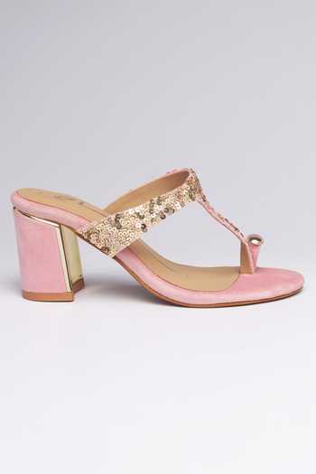 Nidhi Bhandari_Pink Embroidered Velvet Heels _Online_at_Aza_Fashions