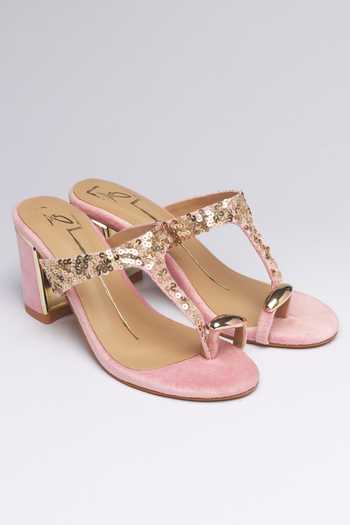 Buy_Nidhi Bhandari_Pink Embroidered Velvet Heels _at_Aza_Fashions