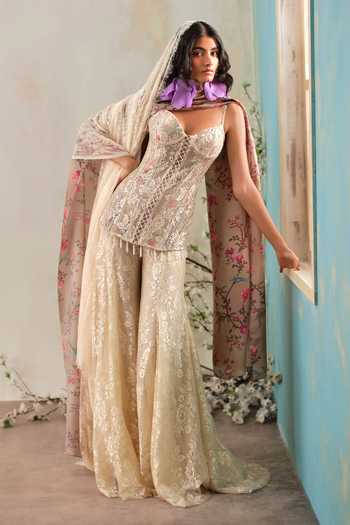Buy_Shehlaa Khan_Cream Lace Sweetheart Neck, Yes Embellished Kurta Sharara Set _at_Aza_Fashions